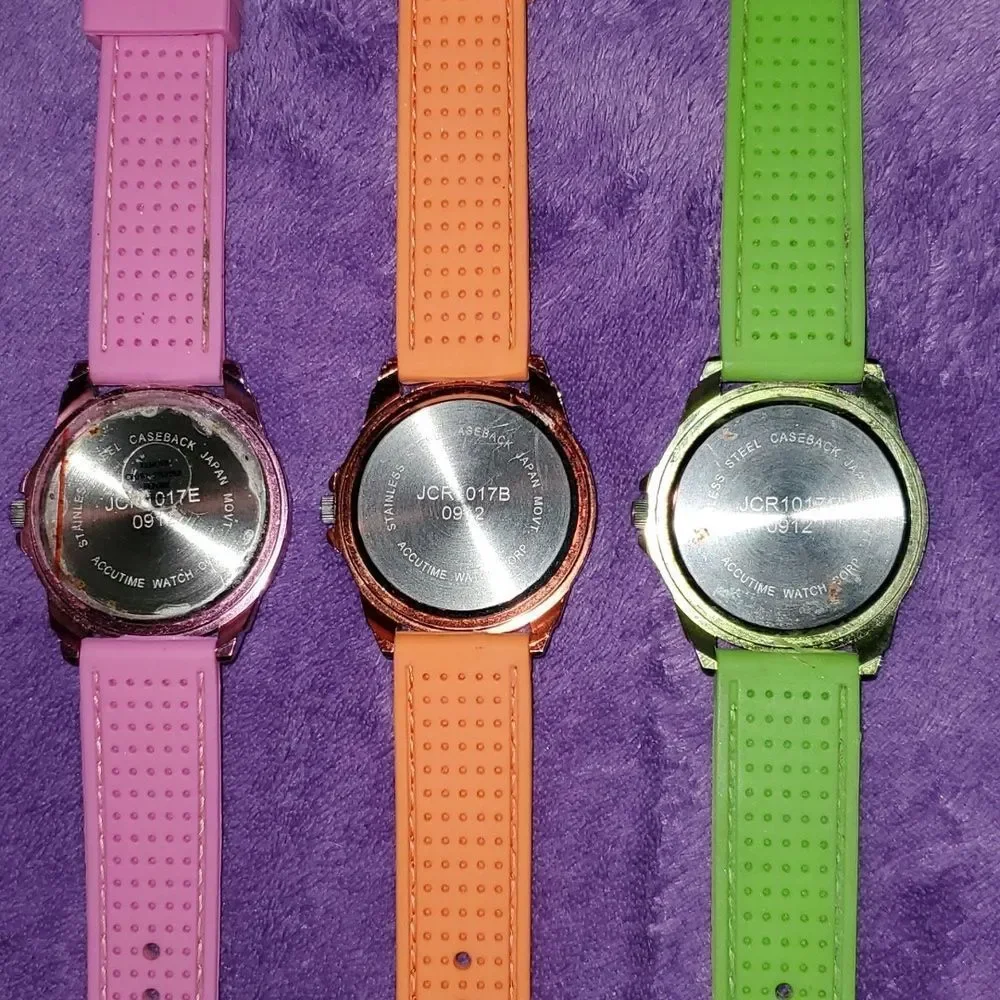 3 Matching Watches Green Pink Orange Accutime JCR1017C‎ JCR1017B JCR1017E